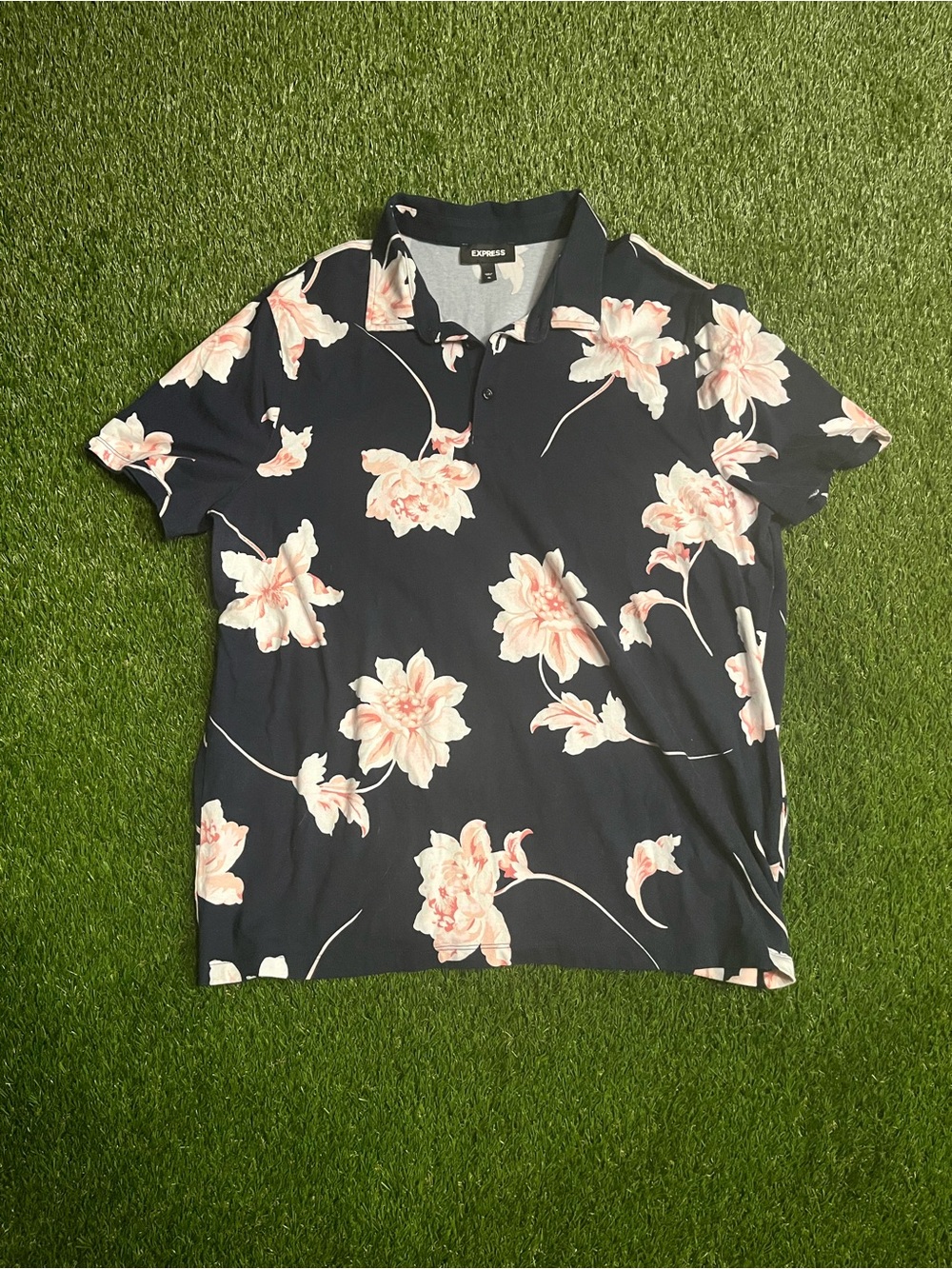 Express Navy Polo with Pink Floral Design Men’s XL